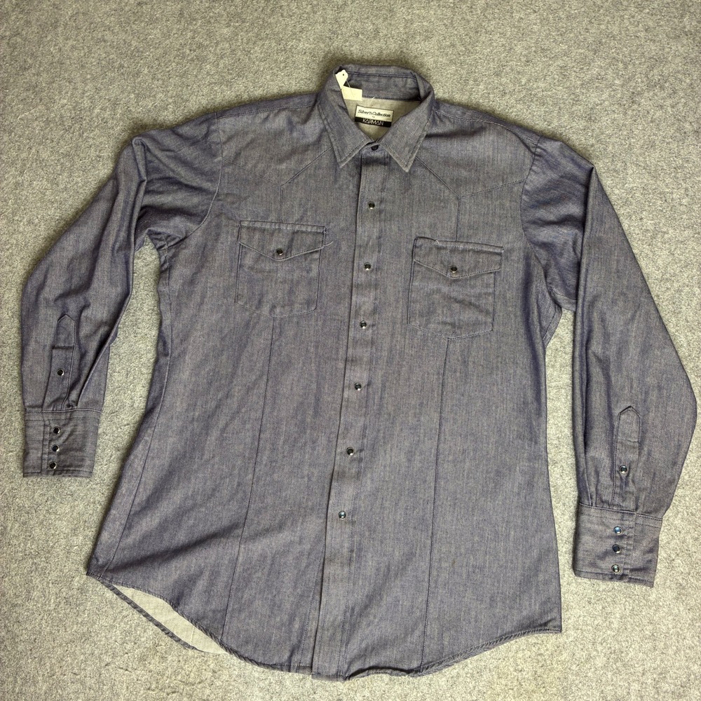 Karman Silver Collection Mens XL Faded Jean Western Pearl Snap Shirt Long Sleeve